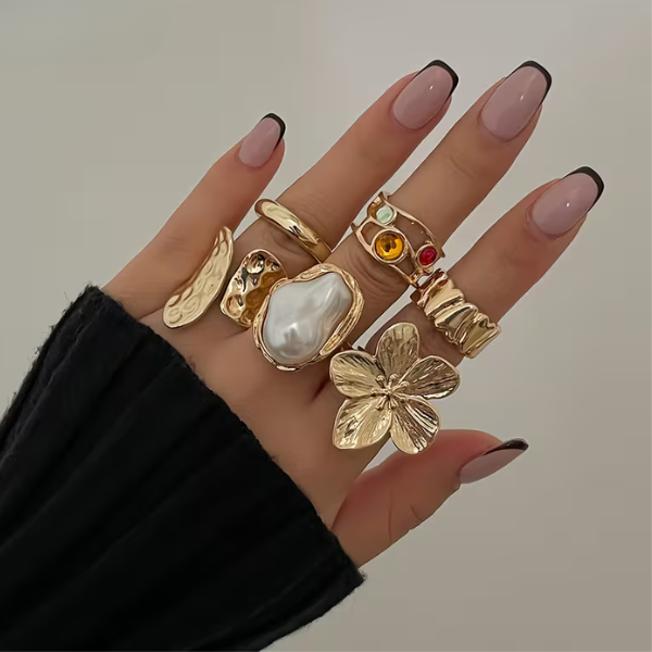 6-Piece Gold Baroque Pearl Ring Set