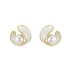 Golden Pearls and White Enamel Stud Earrings