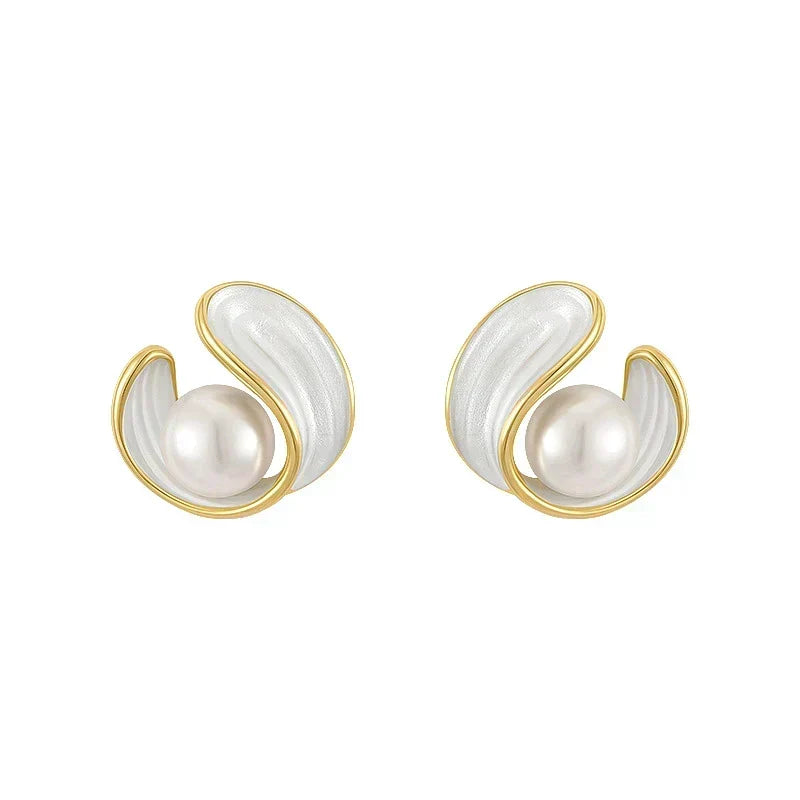 Golden Pearls and White Enamel Stud Earrings