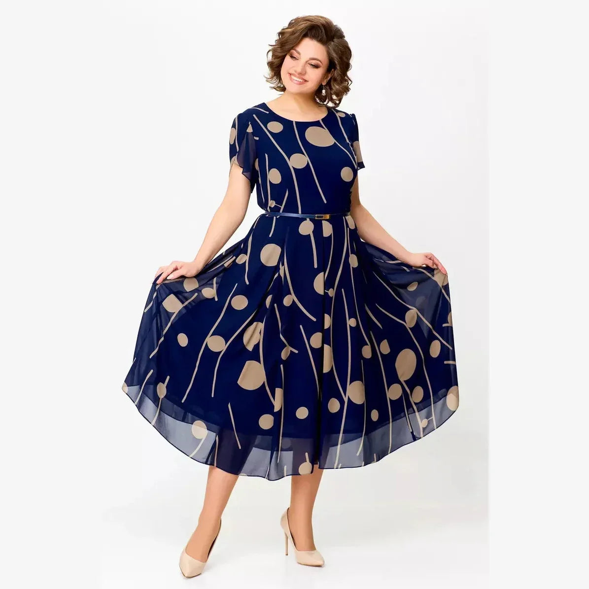 Brynn | Navy Polka Dot Print Chiffon Midi Dress