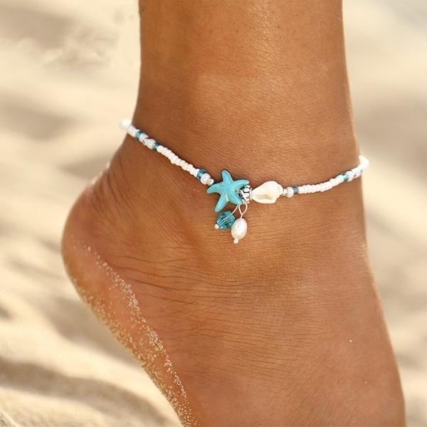 Star and Shell Anklet with Natural Stones