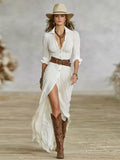 Crissanta | Long Belted Dress With Pleated Lapels