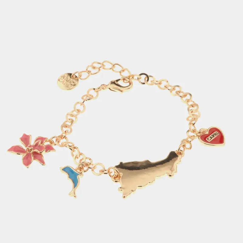 Metal Bracelet with a Bell-shaped Detail and Heart-shaped Pendants Featuring the Inscription Capri, Dolphin, and Flower Adorned with Colored Enamels