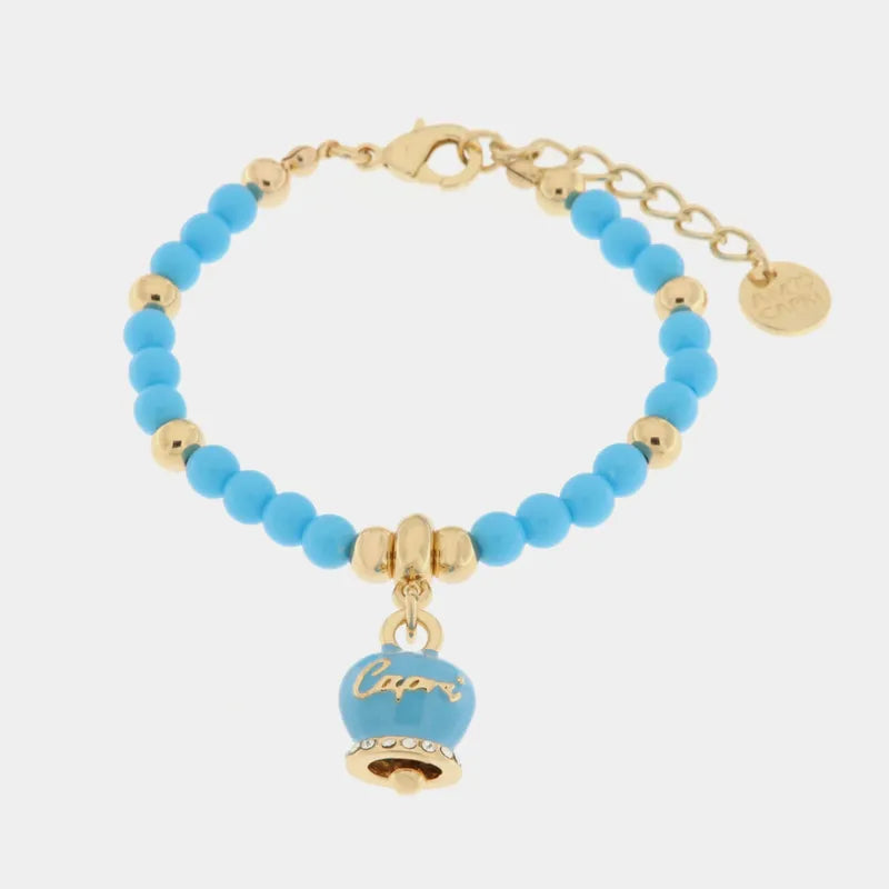 Metal Bracelet with Turquoise Enamel Bell and Beads