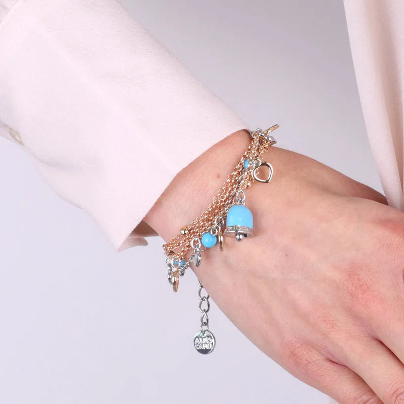 Metal Bracelet with Heart-Shaped Charms and Turquoise Enamel Bell