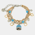 Metal Bracelet with Heart-Shaped Charms and Turquoise Enamel Bell