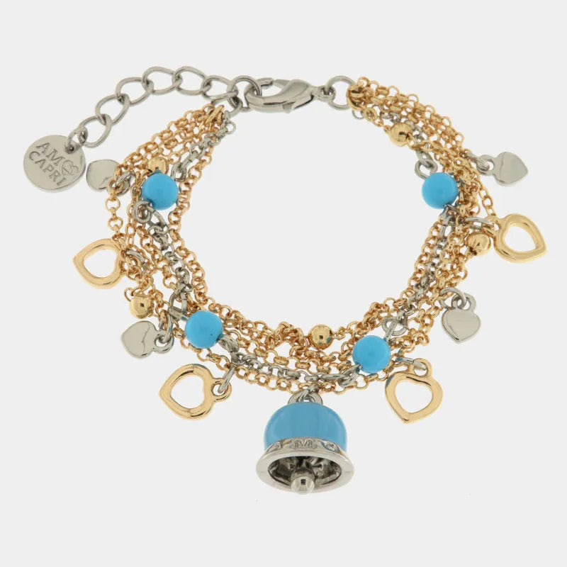 Metal Bracelet with Heart-Shaped Charms and Turquoise Enamel Bell