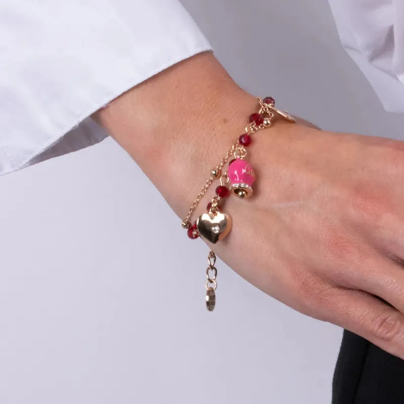 Multi-strand Metal Bracelet with Fuchsia Bell and Red Stones