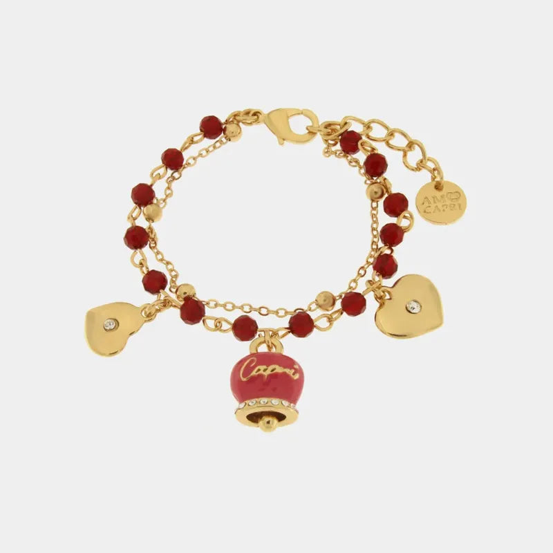 Multi-strand Metal Bracelet with Fuchsia Bell and Red Stones