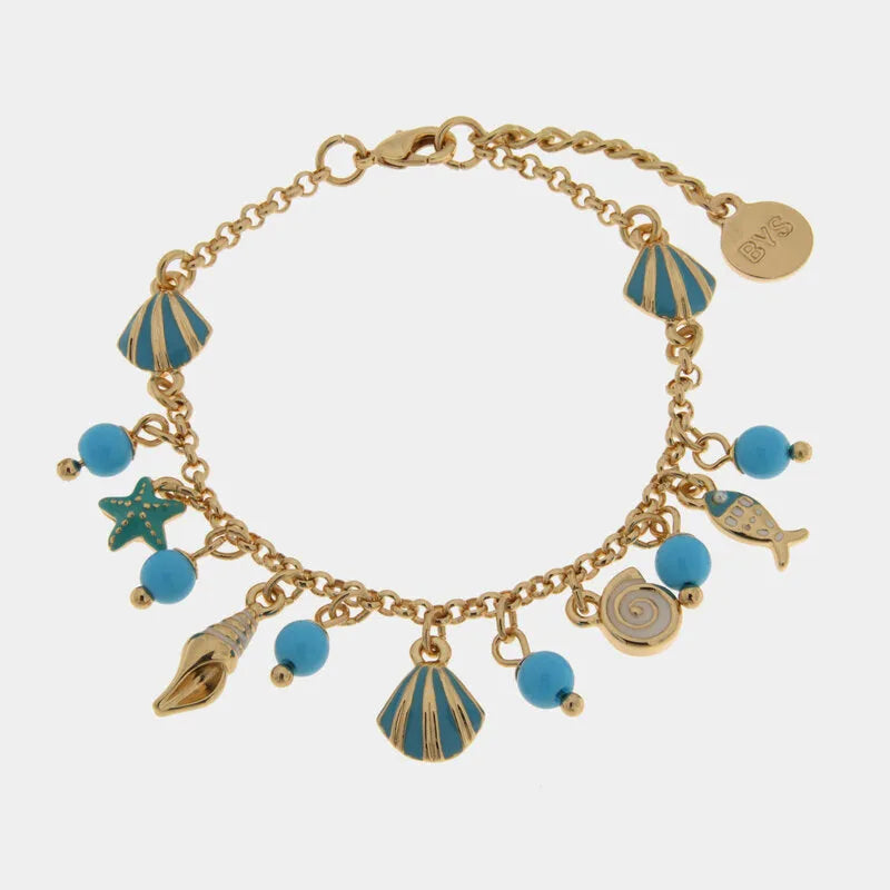 Metal Bracelet with Dangling Marine Symbols and Blue Stones