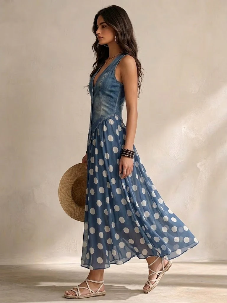 Annabel | Elegant Denim Dress with Chiffon Polka Dot Skirt