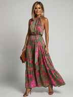 Norma | Elegant pink draped midi dress with halter neckline