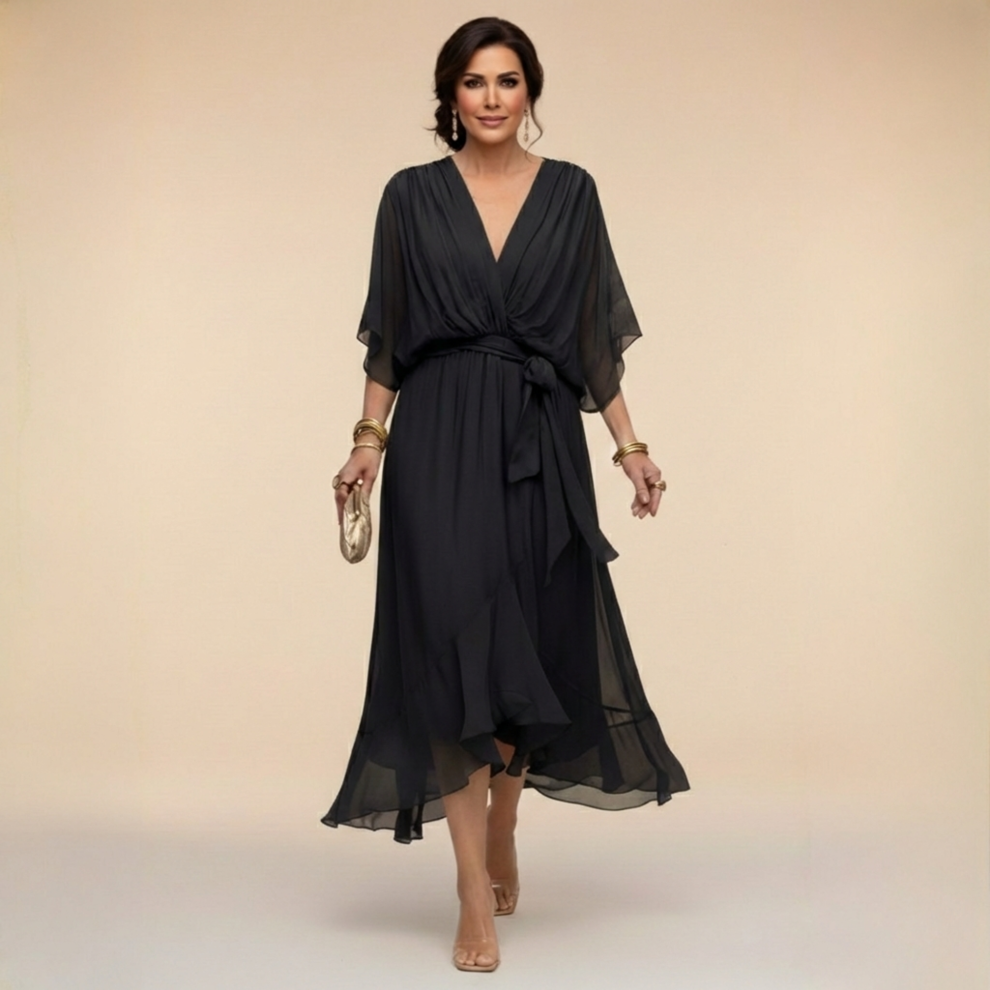 Verenia | Elegant V-Neck Flowy Sleeve Dress