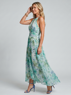 Palmer | Portia Midi Dress in Pleated Crepe with Halter Neck and Floral Print