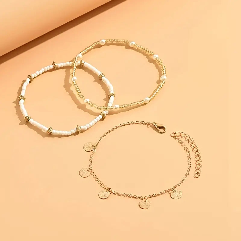 Multi-Layered Ankle Chains Coastal Charm 3-Piece | Gold