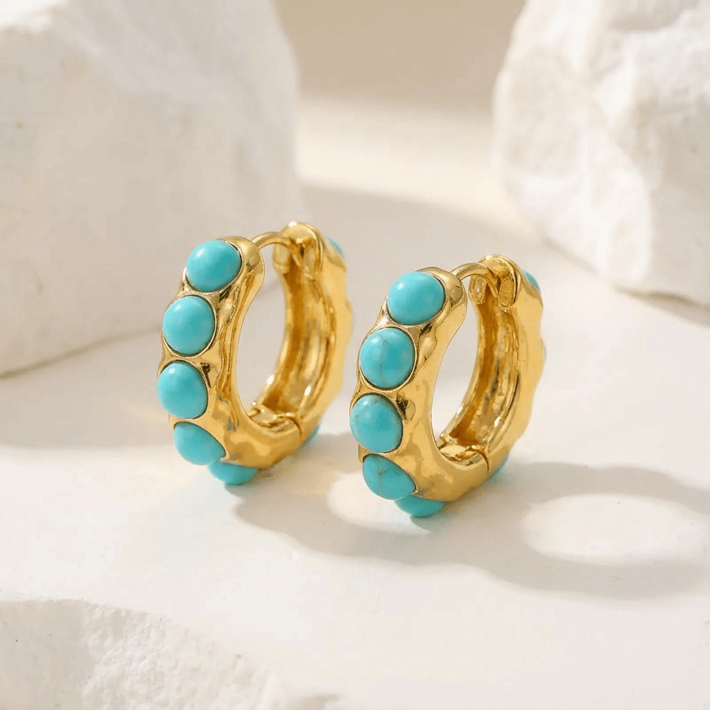 Yara | Bold Turquoise Stone Sculpted Hoop Earrings
