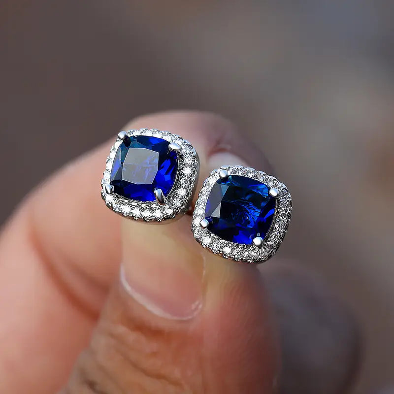 Verity | Silver Sapphire Halo Stud Earrings