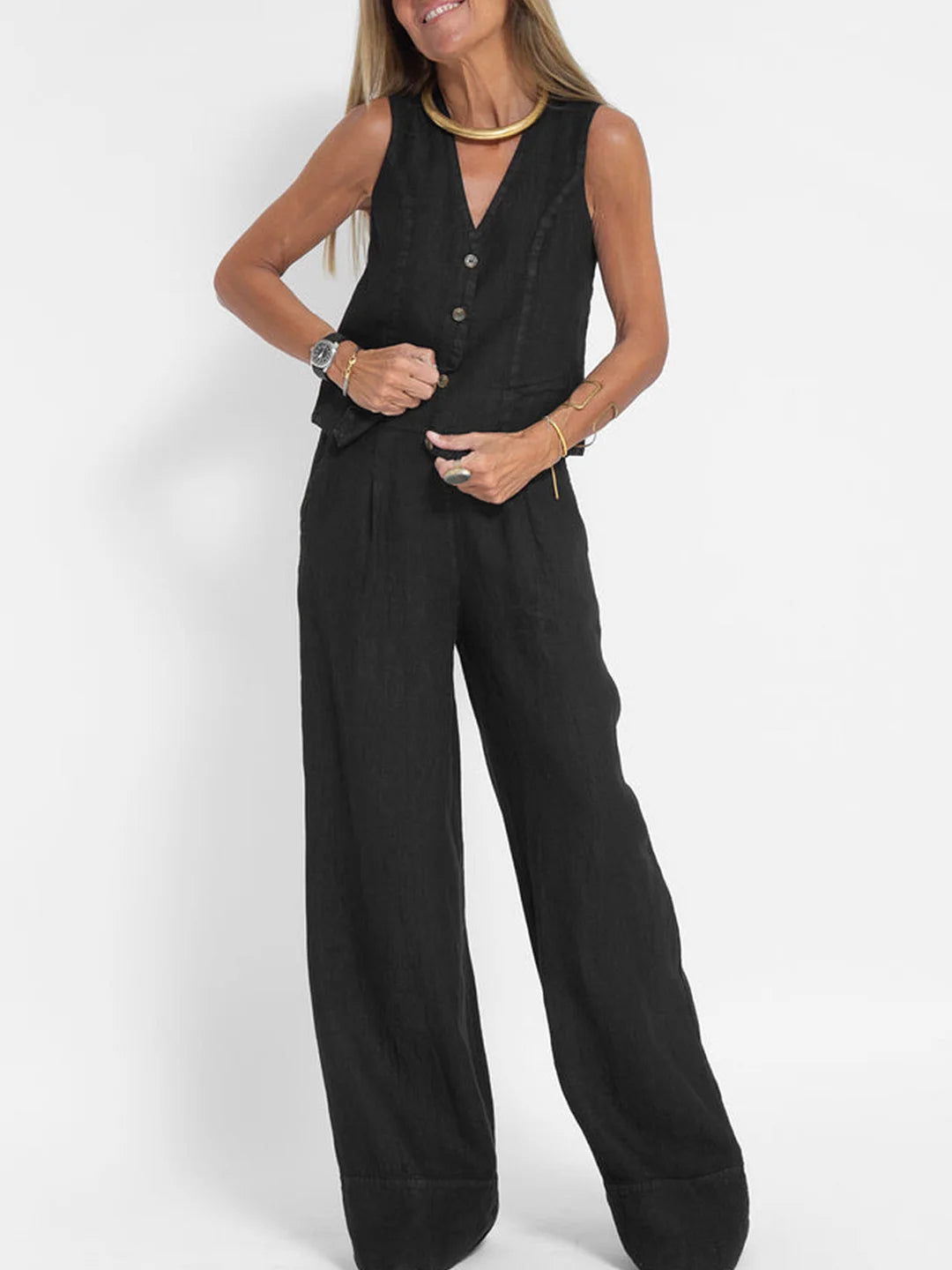 Holly | Sleeveless V-Neck & Wide-Leg Trouser Set