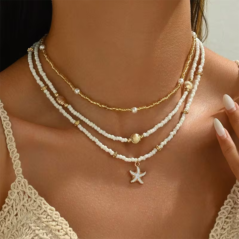 Boho 3-Piece Necklace Set with Shell and Starfish