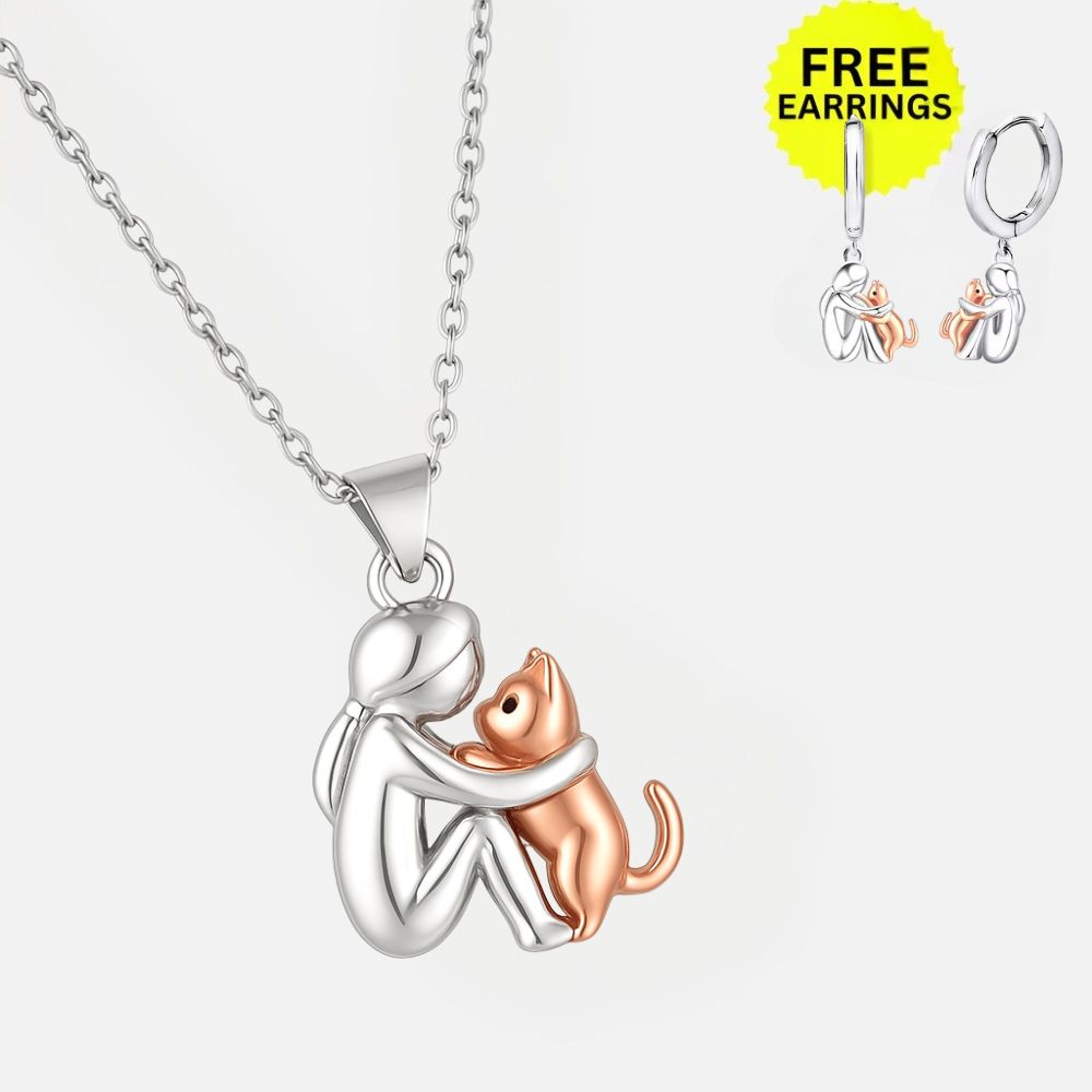 Cat Hug Pendant Necklace with Earrings Gift
