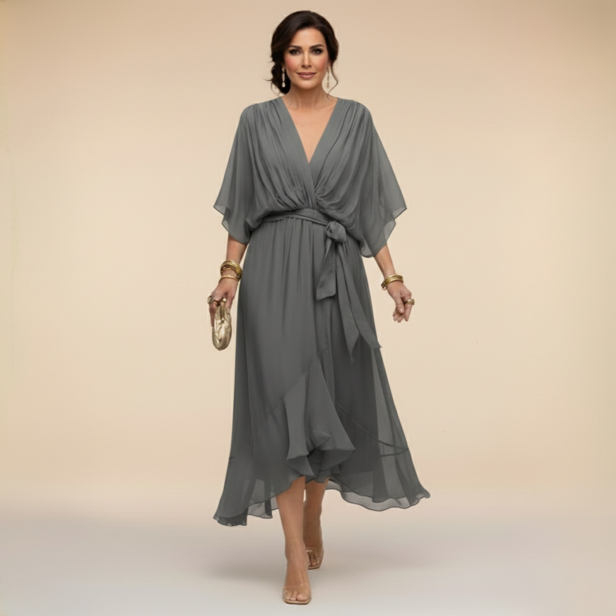 Verenia | Elegant V-Neck Flowy Sleeve Dress