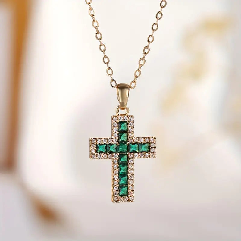 Greer | Solene Emerald Cross Pendant Gold Necklace