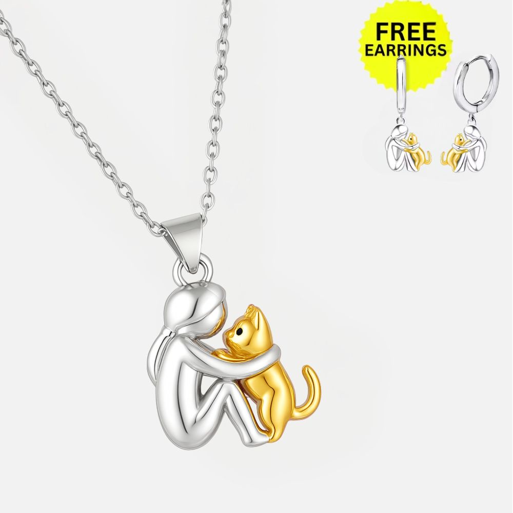 Cat Hug Pendant Necklace with Earrings Gift