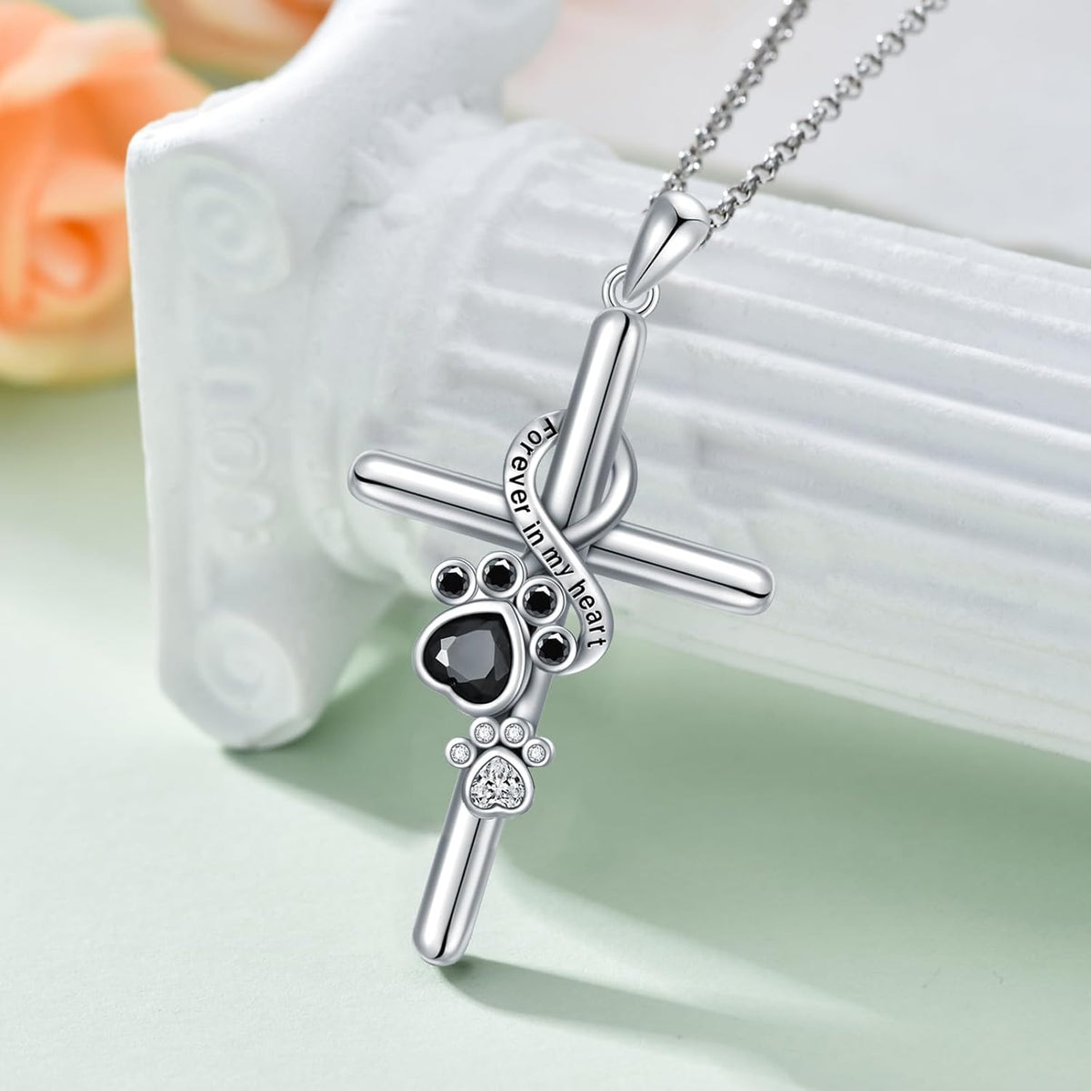 Paw and Cross Necklace in 925 Sterling Silver