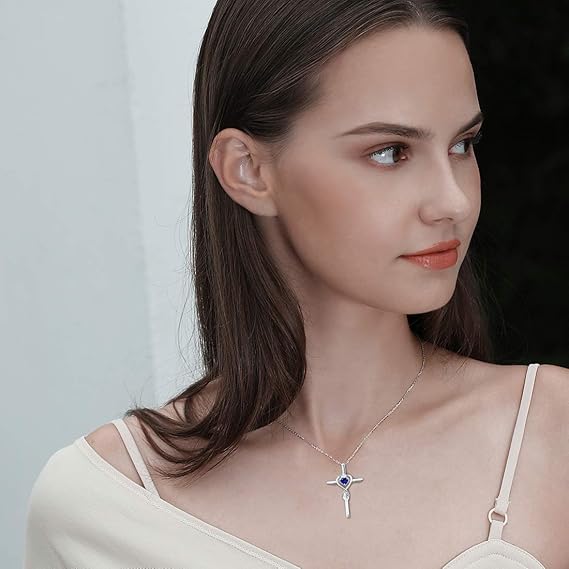 Sapphire Heartstone Cross Necklace | White Gold