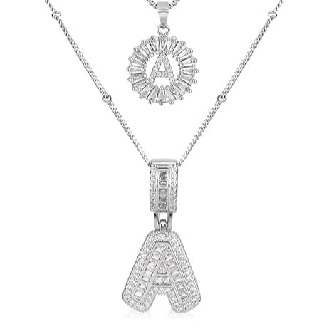 Paved Letter Initial Necklace Set | White Gold