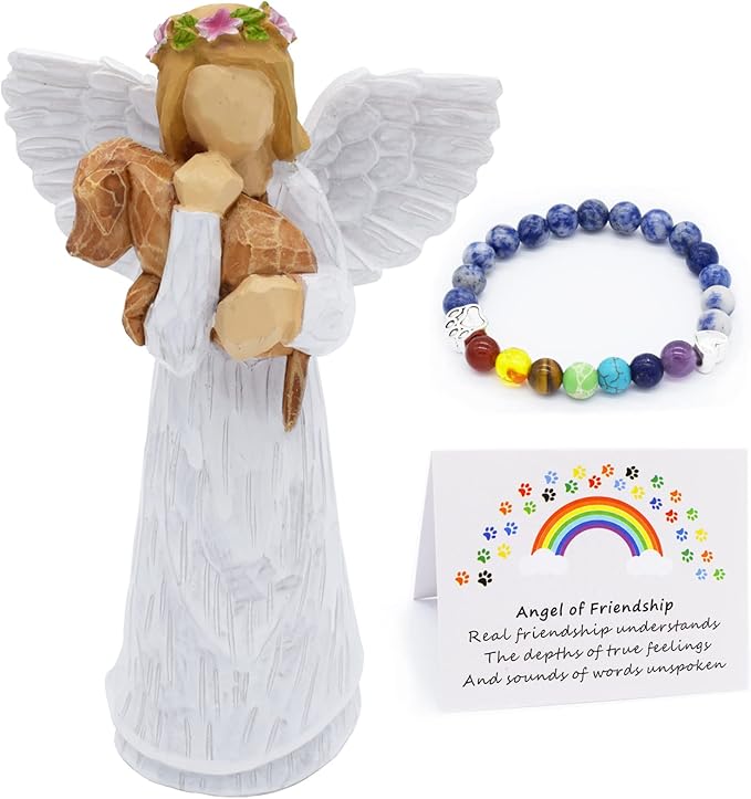 Dog Memorial Set with Friendship Angel Figurine & Rainbow Bridge Chakra Bracelet