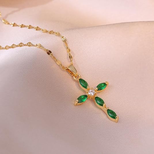 Gemma | Gold Emerald Marquise Cross Necklace