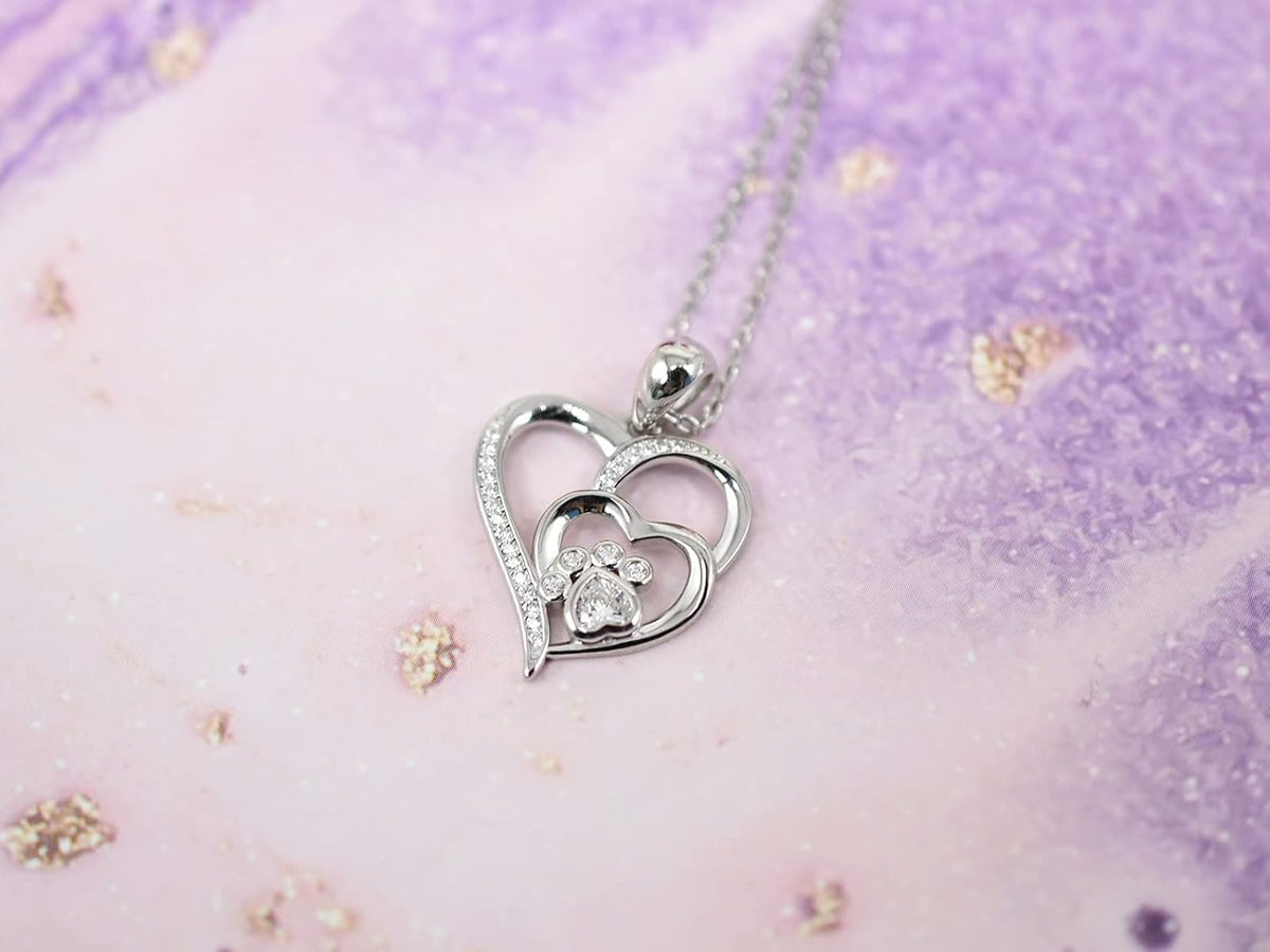 Paw and Heart Necklace in Sterling Silver with Zirconia