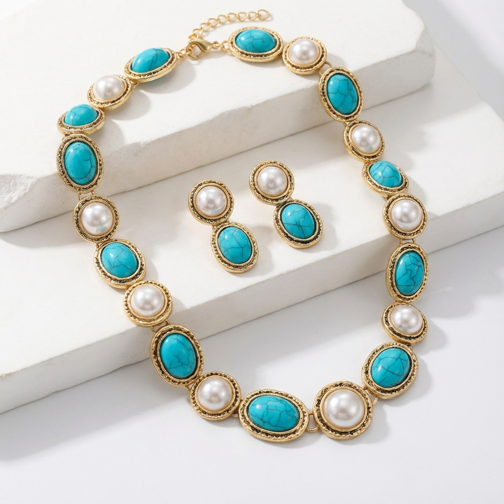 Romy | Turquoise & Pearl Antique Gold Jewellery Set