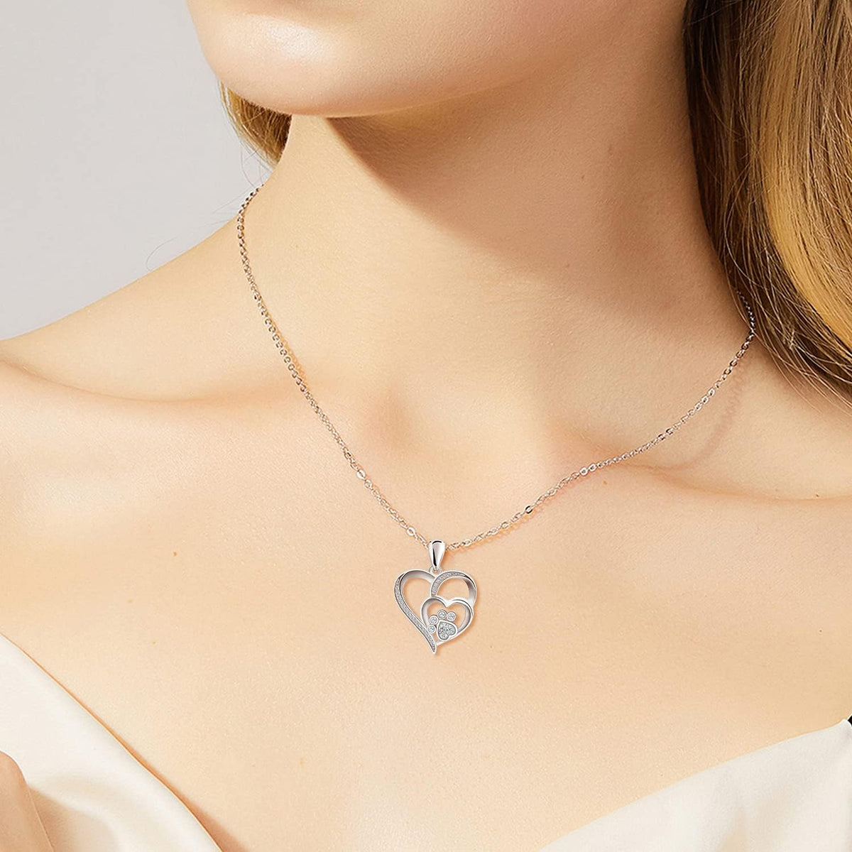 Paw and Heart Necklace in Sterling Silver with Zirconia