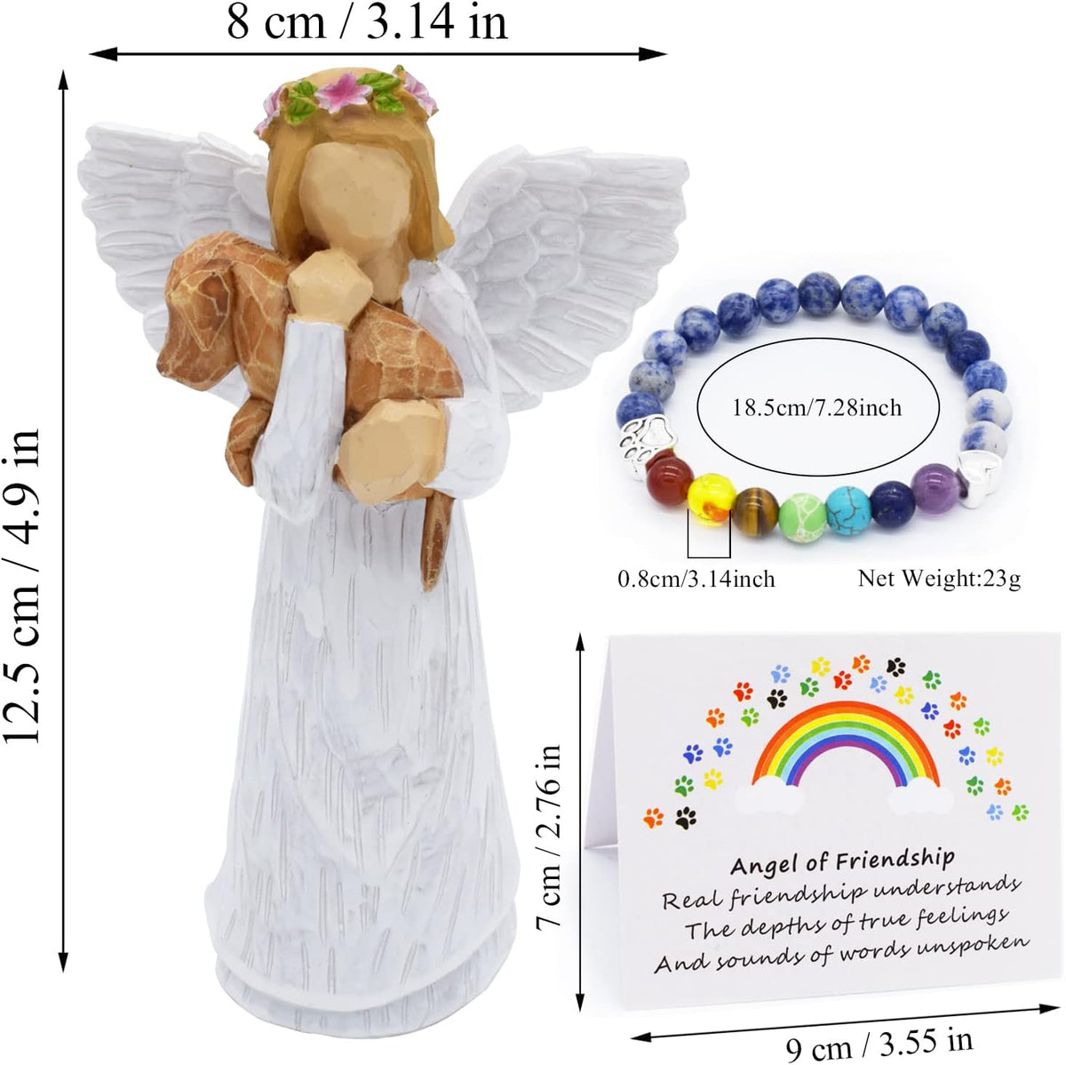 Dog Memorial Set with Friendship Angel Figurine & Rainbow Bridge Chakra Bracelet