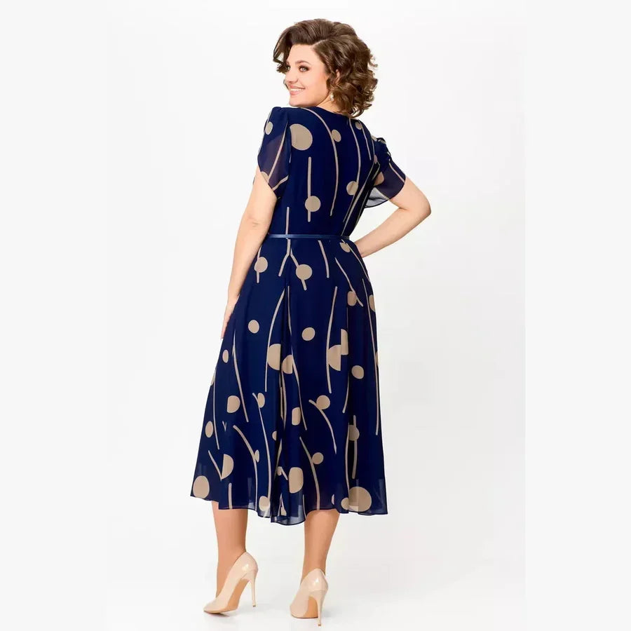 Brynn | Navy Polka Dot Print Chiffon Midi Dress