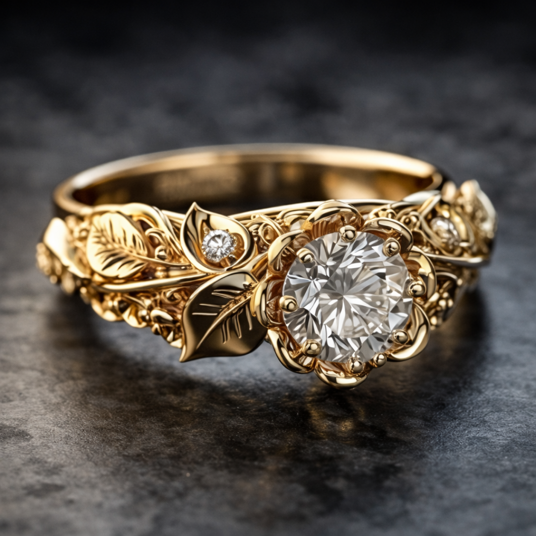 Golden Leaf Ring | Zirconia Sparkle