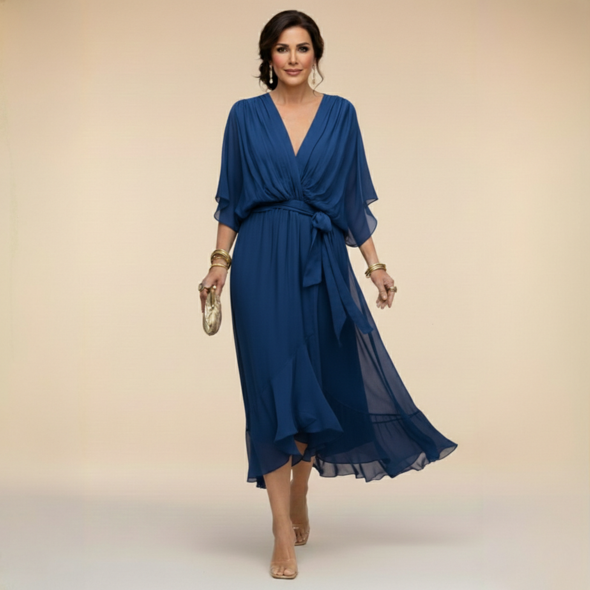 Verenia | Elegant V-Neck Flowy Sleeve Dress