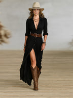Crissanta | Long Belted Dress With Pleated Lapels