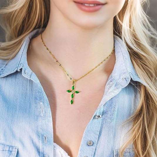 Verity | Emerald Marquise Cross Necklace