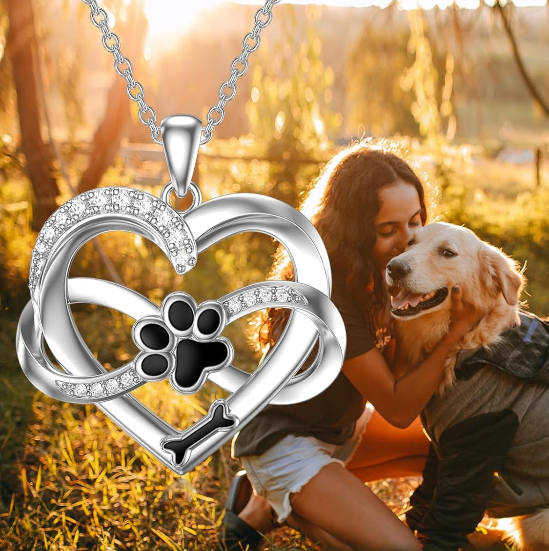 Infinity Heart and Paws Necklace in 925 Sterling Silver with Zirconia