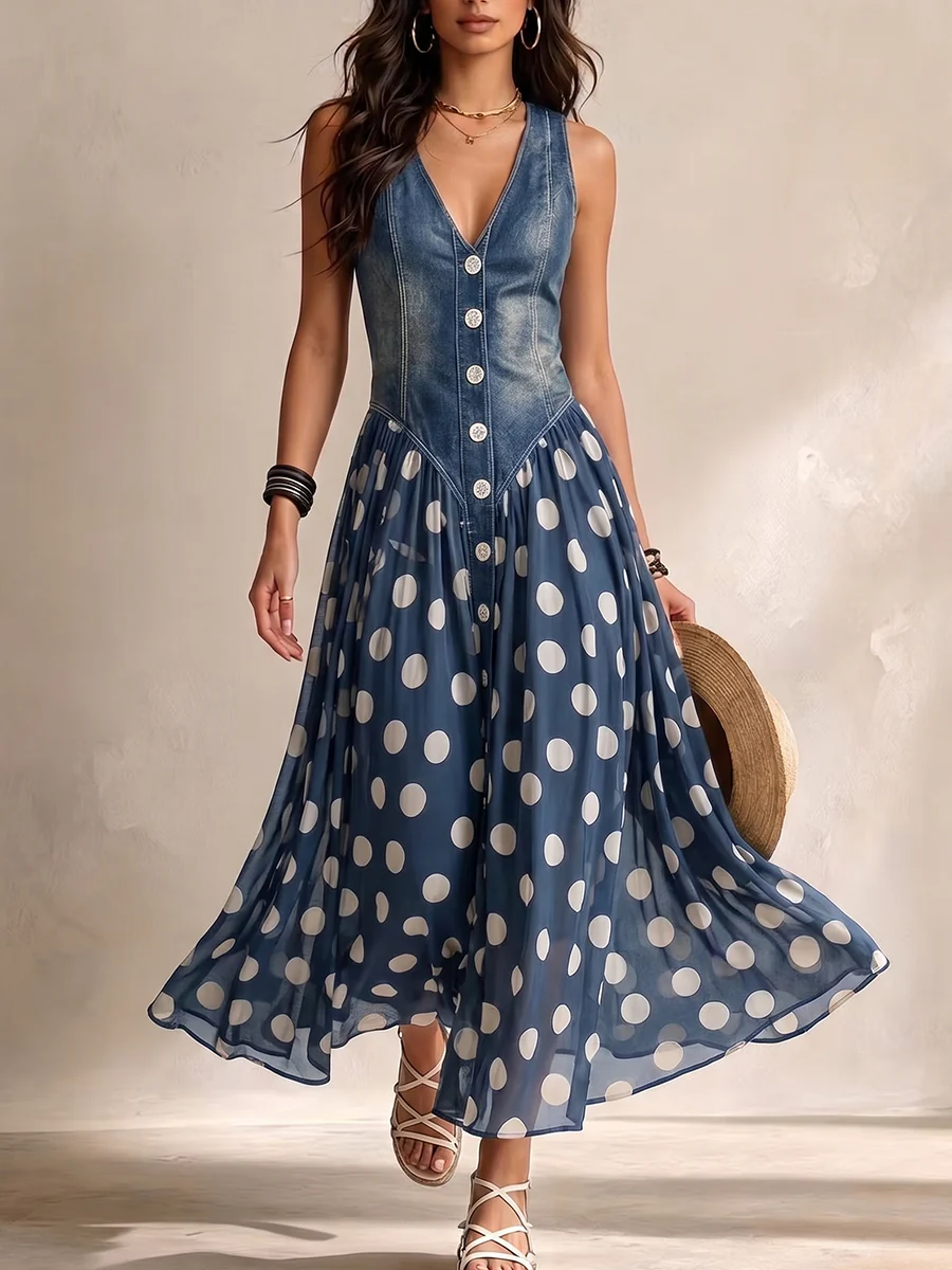 Annabel | Elegant Denim Dress with Chiffon Polka Dot Skirt