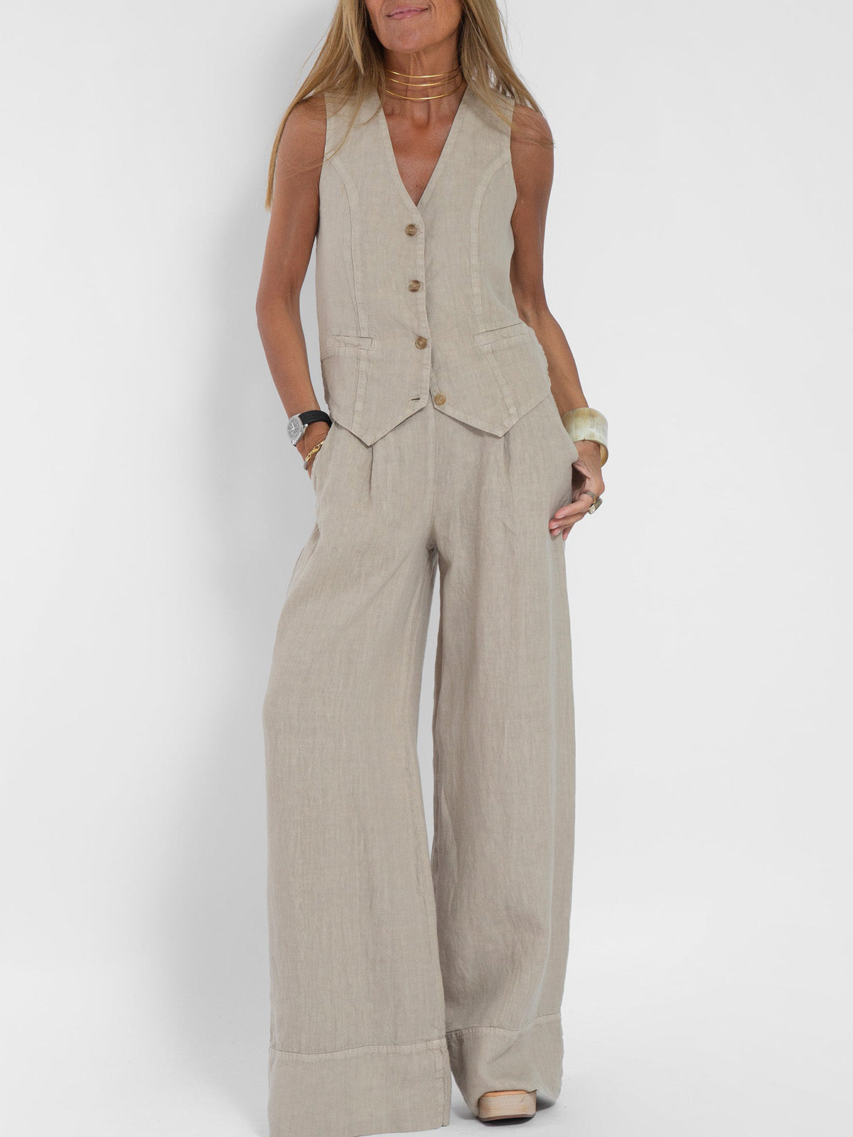 Holly | Sleeveless V-Neck & Wide-Leg Trouser Set