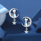 925 Sterling Silver Moon & Star Cat Earrings with Zirconia