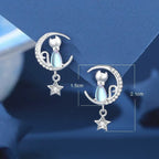 925 Sterling Silver Moon & Star Cat Earrings with Zirconia