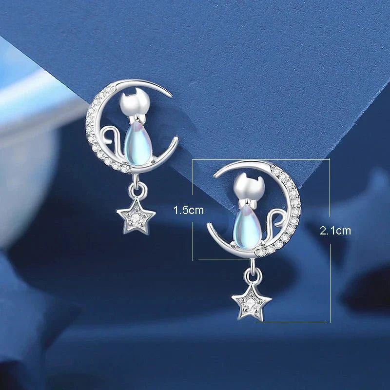 925 Sterling Silver Moon & Star Cat Earrings with Zirconia