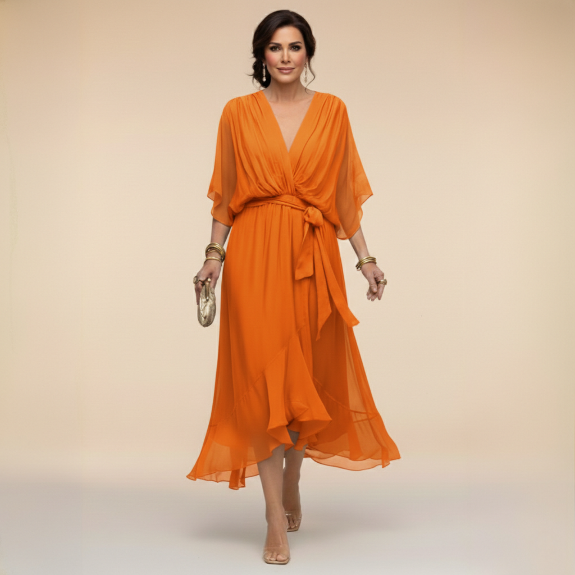 Verenia | Elegant V-Neck Flowy Sleeve Dress