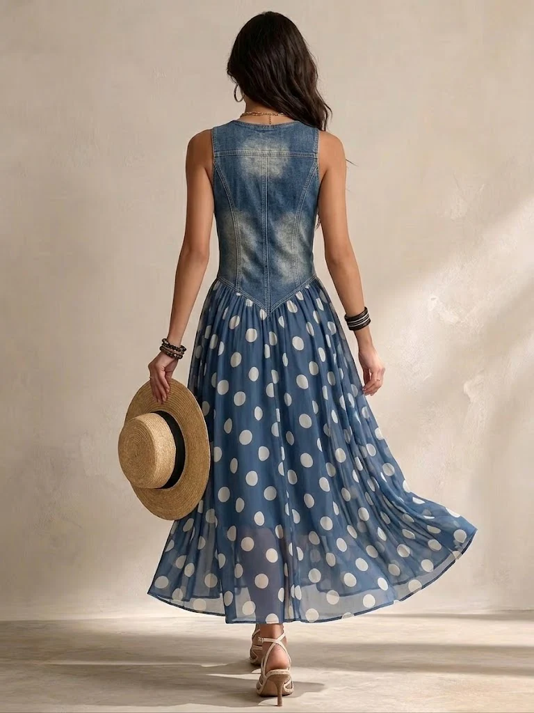 Annabel | Elegant Denim Dress with Chiffon Polka Dot Skirt