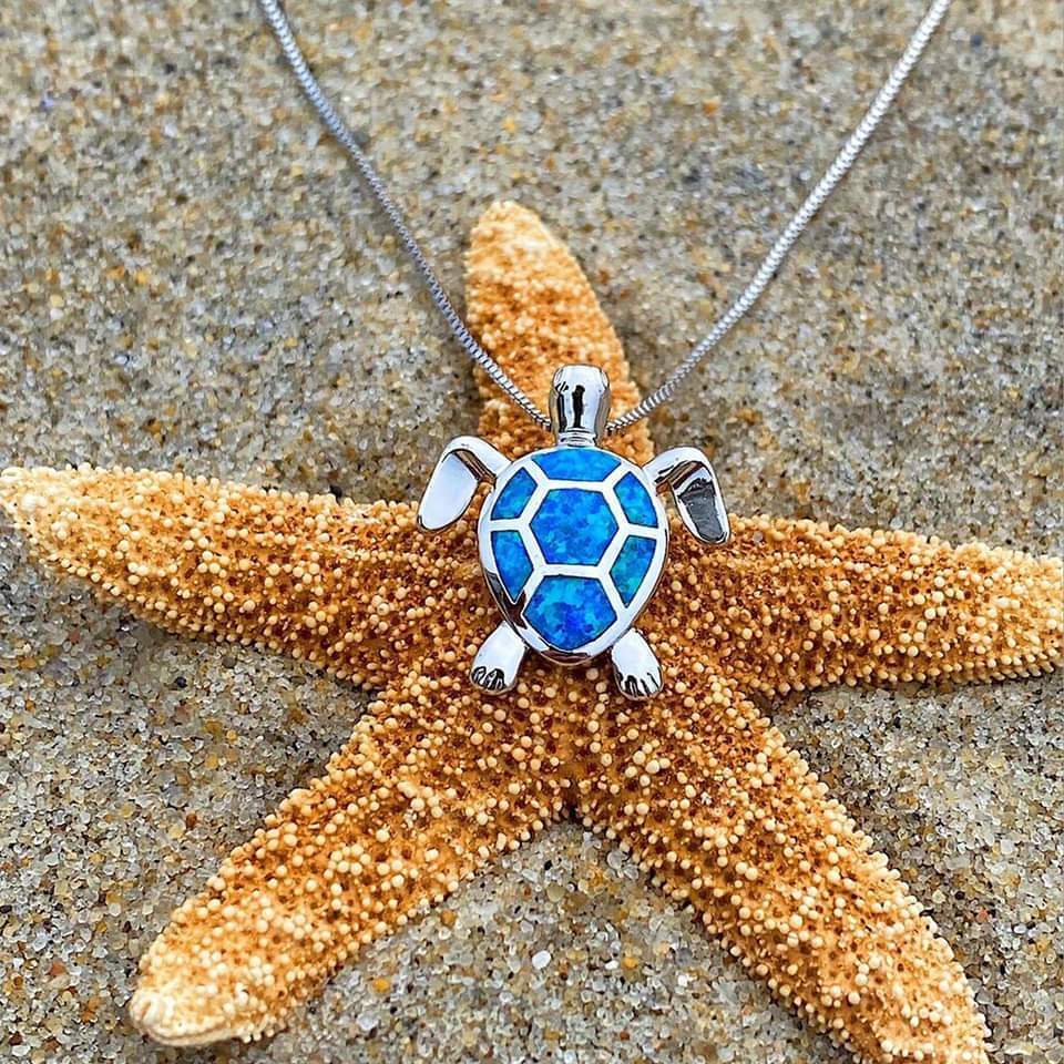 Sea Turtle Necklace + Earring Set in Opal and Silver